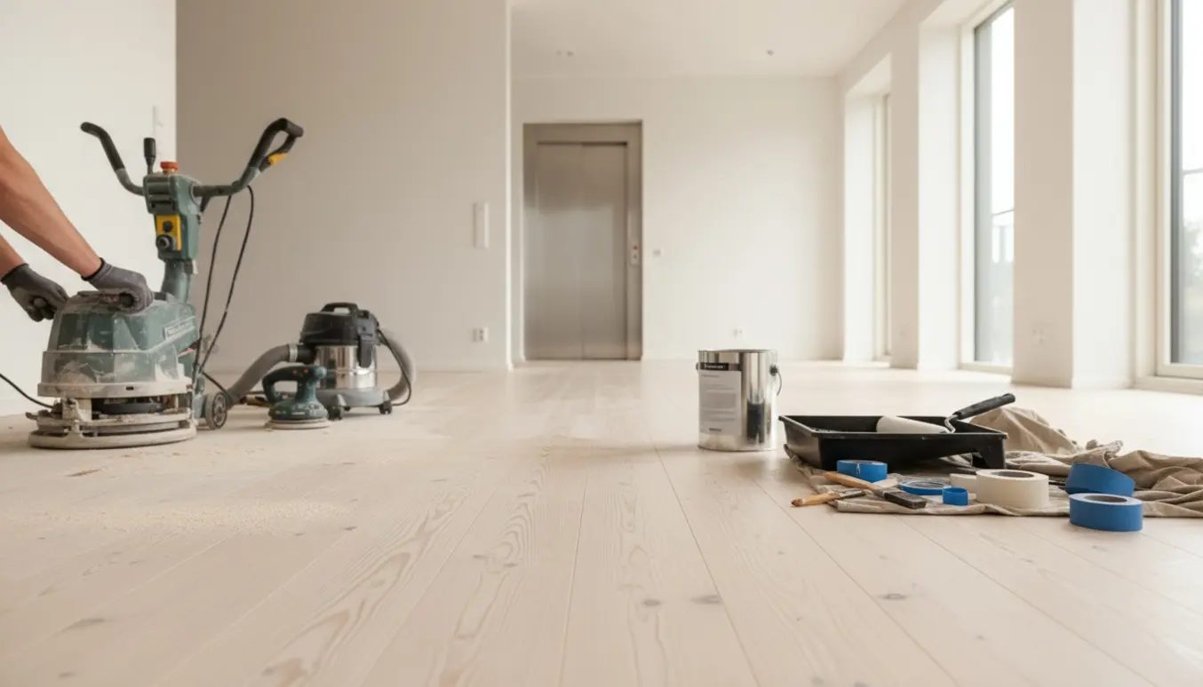 Slibning og hvidoliebehandling af trægulv i moderne lejlighed med slibemaskine og malerudstyr.