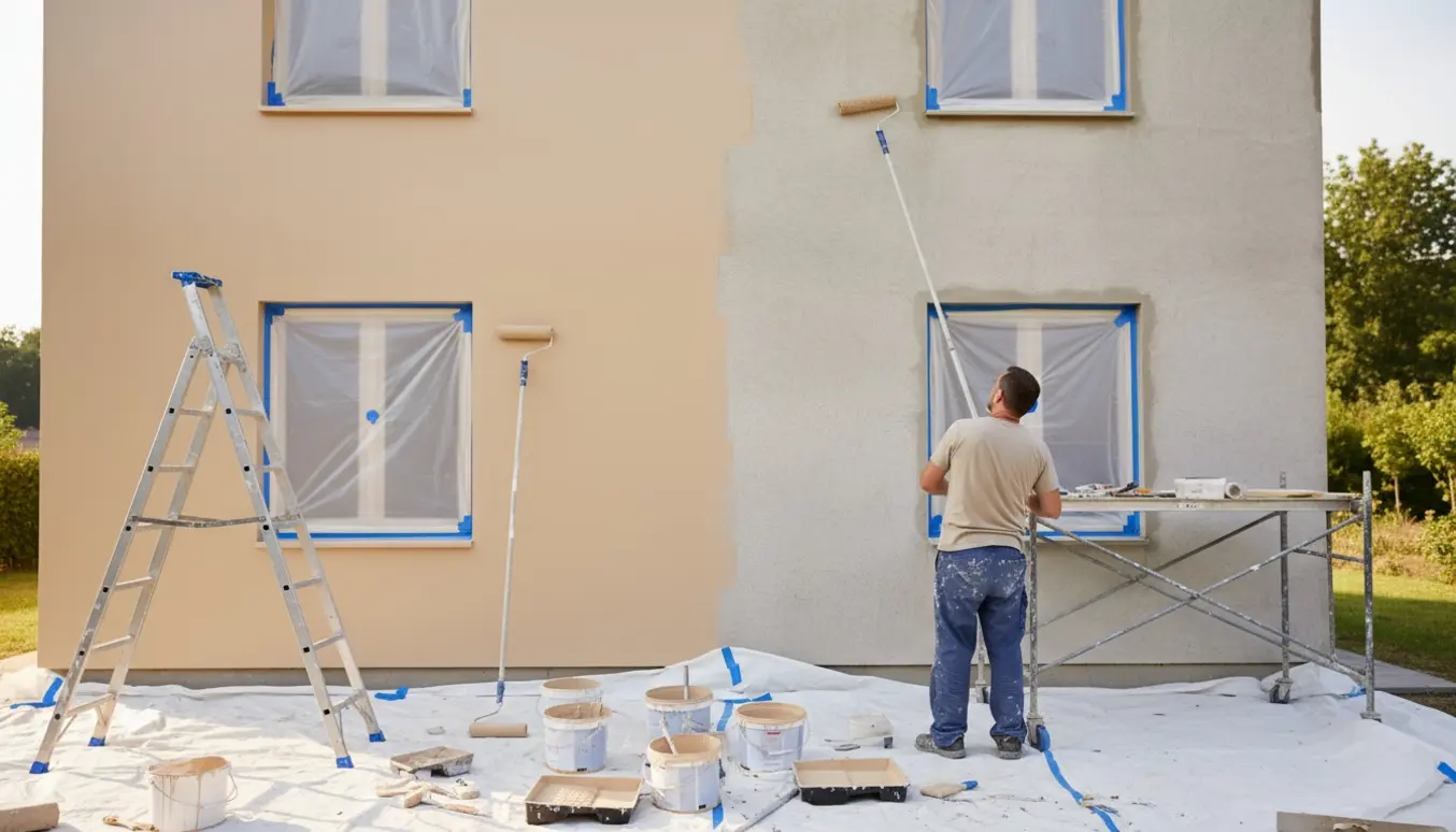Maler med rulle maler en nypudset husfacade, mens malerbøtter og værktøj står klar.