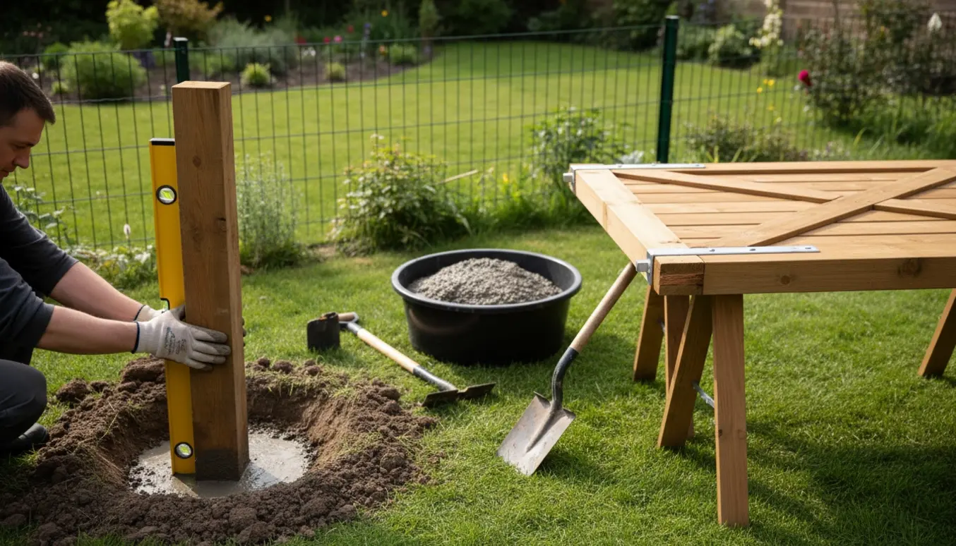 Udgravning af stolpe og støbning af beton til opsætning af en træ-havelåge i en baghave.