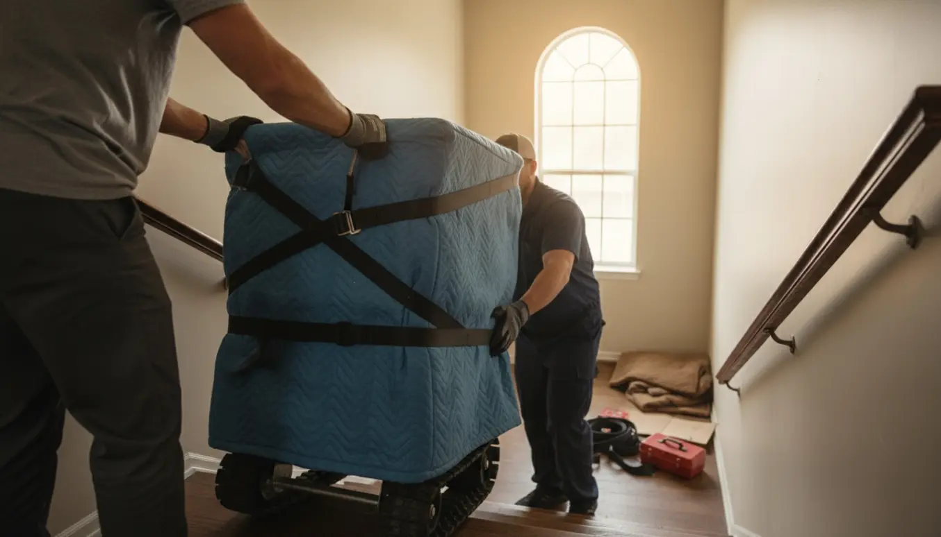 To flyttefolk bærer en tung vaskemaskine ned ad en lejlighedstrappe, pakket i flyttetæpper og fastgjort med stropper.