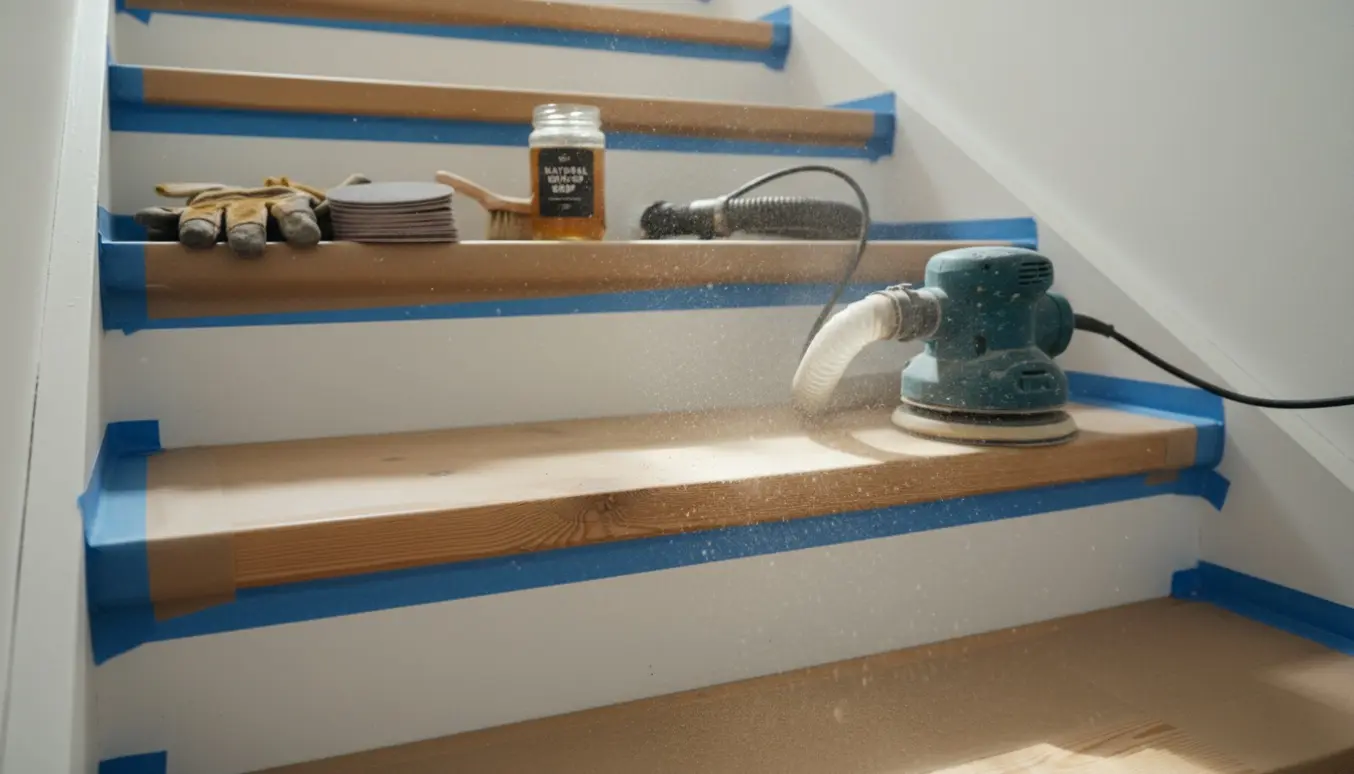 Nærbillede af slibning af fyrretræstrappetrin med slibemaskine og afdækkede hvide kanter i et lyst skandinavisk hjem.