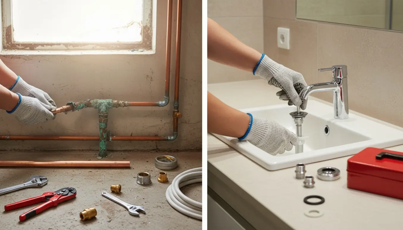 Udskiftning af korroderet rør i kælder og montering af nyt armatur ved håndvask.