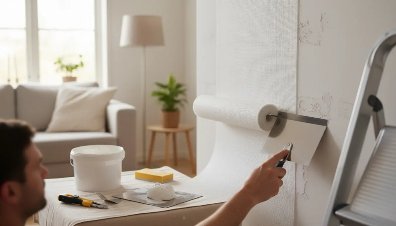 Opsætning af glasfilt på nypatchet væg i en lys stue med værktøj og materialer klar.