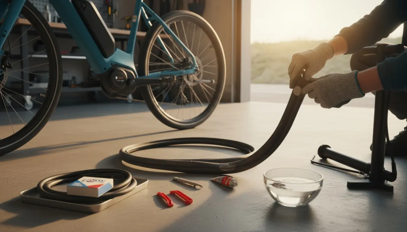 Nærbillede af hænder, der lapper et punkteret bagdæk på en elcykel med værktøj og pumpe i naturligt lys.