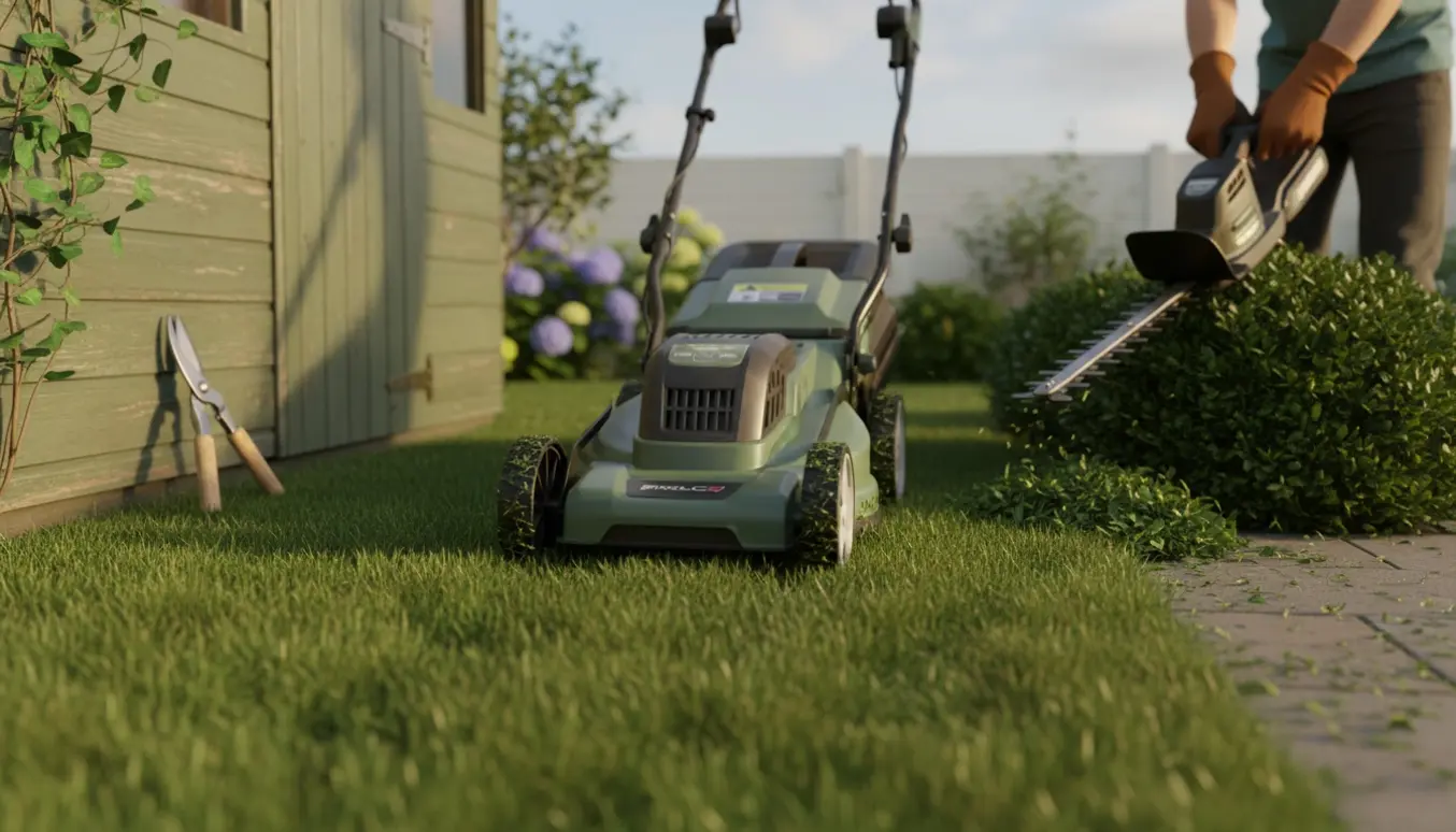 Nærbillede af græsslåmaskine og hækkeklipper i brug i en lille forstadshave med nyslået græs og nypudsede hække.