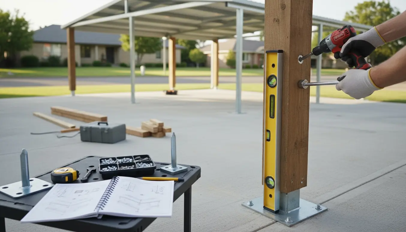 Delvist opbygget dobbelt carport på indkørsel med hænder der fastgør stolpebærer og værktøj klar.