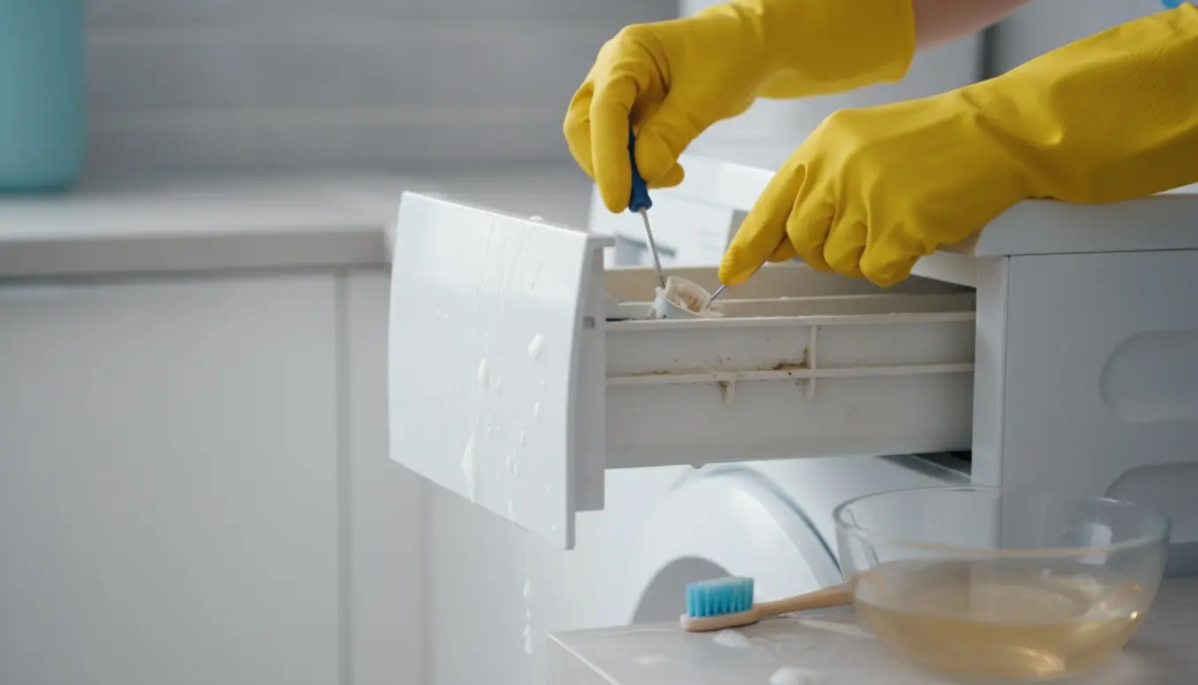 Nærbillede af hænder i handsker, der trækker en fast sæbeskuffe ud af en vaskemaskine og renser den for sæberester.