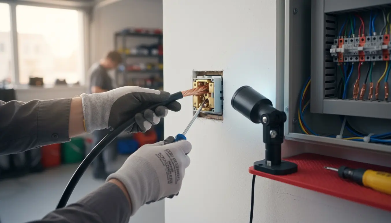 Nærbillede af montering af 5-polet CEE-kontakt i vægudtag og tilslutning i el-tavle med værktøj.