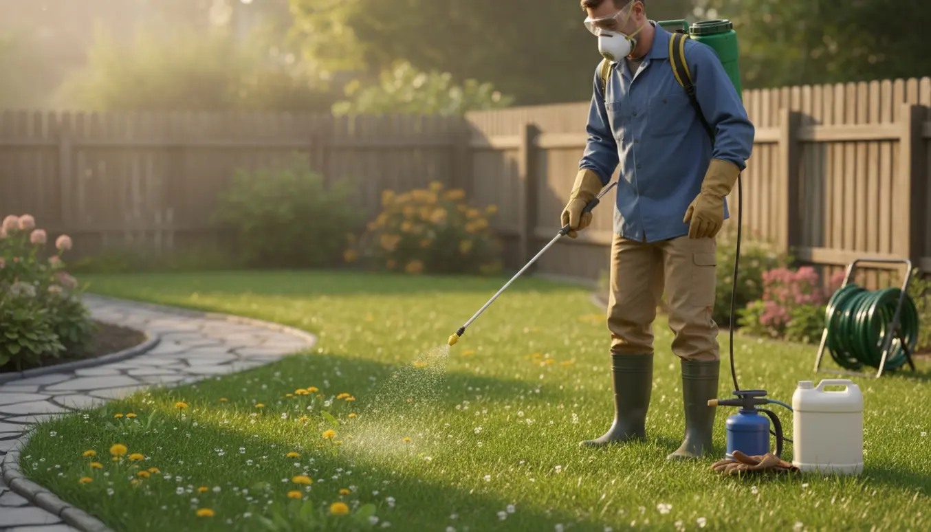 Person i beskyttelsesudstyr sprøjter ukrudtsmiddel på en lille forstadgræsplæne med fint dis i luften.