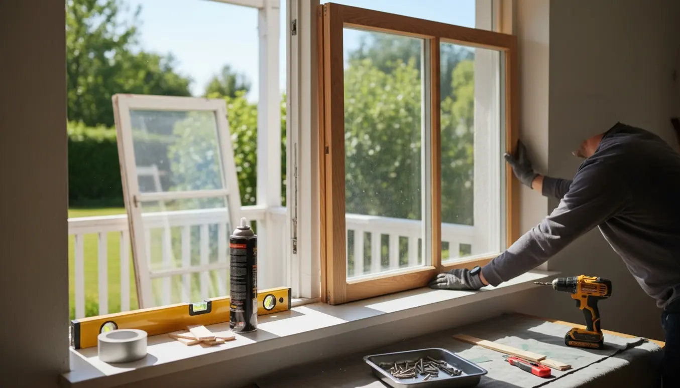 Udskiftning af vindue i en lys stue med nyt vinduesramme og værktøj på vindueskarmen.