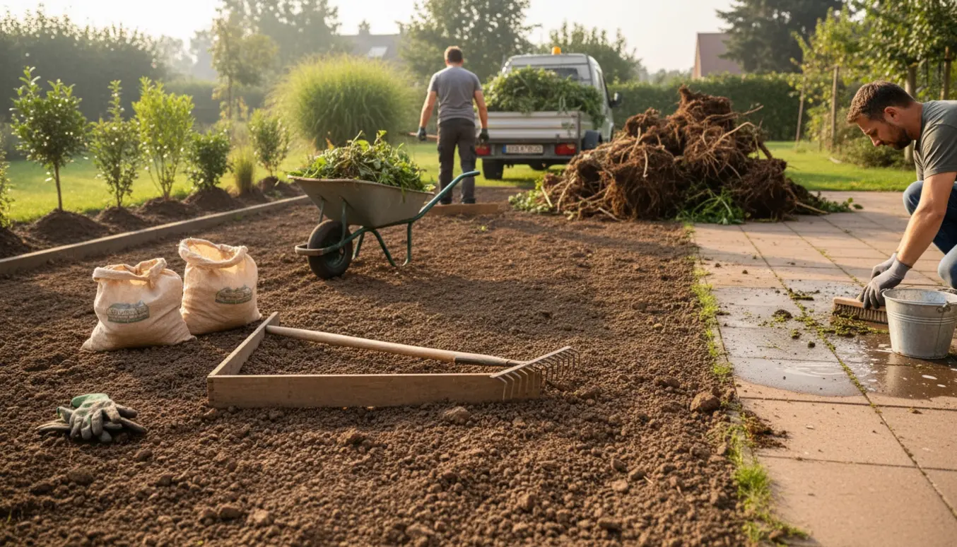 Rydning af et 6x10 m havestykke med værktøj, jordudjævning og oprensning af fliser klar til græssåning.