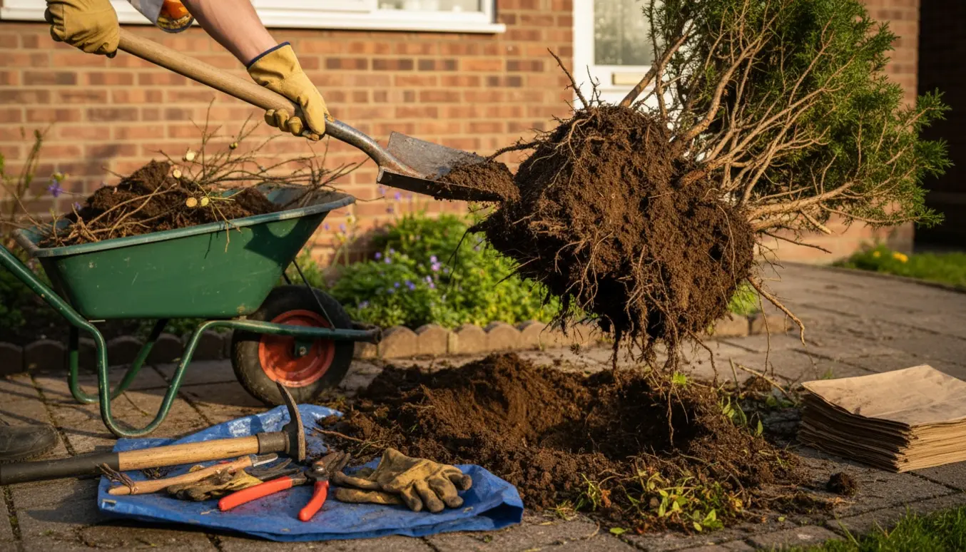 En person graver en stor busk op ved et hus med spade, trillebør og rodklump, uden synligt ansigt.