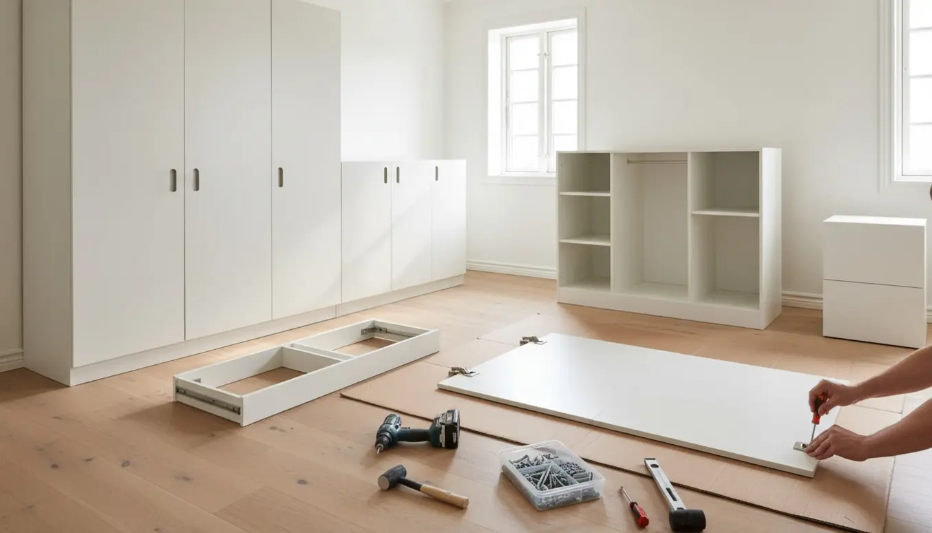Tomt værelse med et samlet stort og lille garderobeskab, et usamlet modul og værktøj klar til montering.