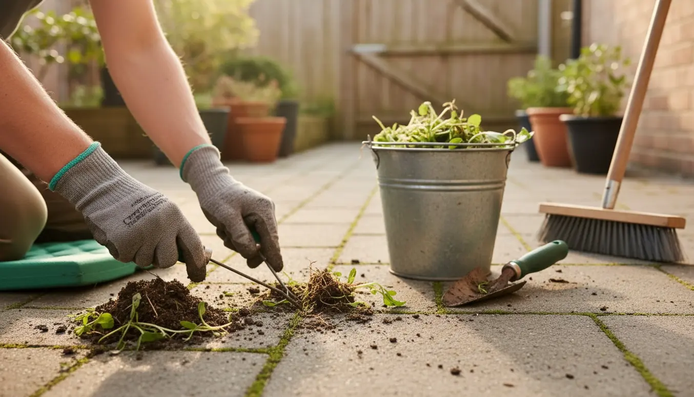 Hænder i handsker fjerner ukrudt mellem fliser på en terrasse med en spand ukrudt og et knæpude ved siden af.