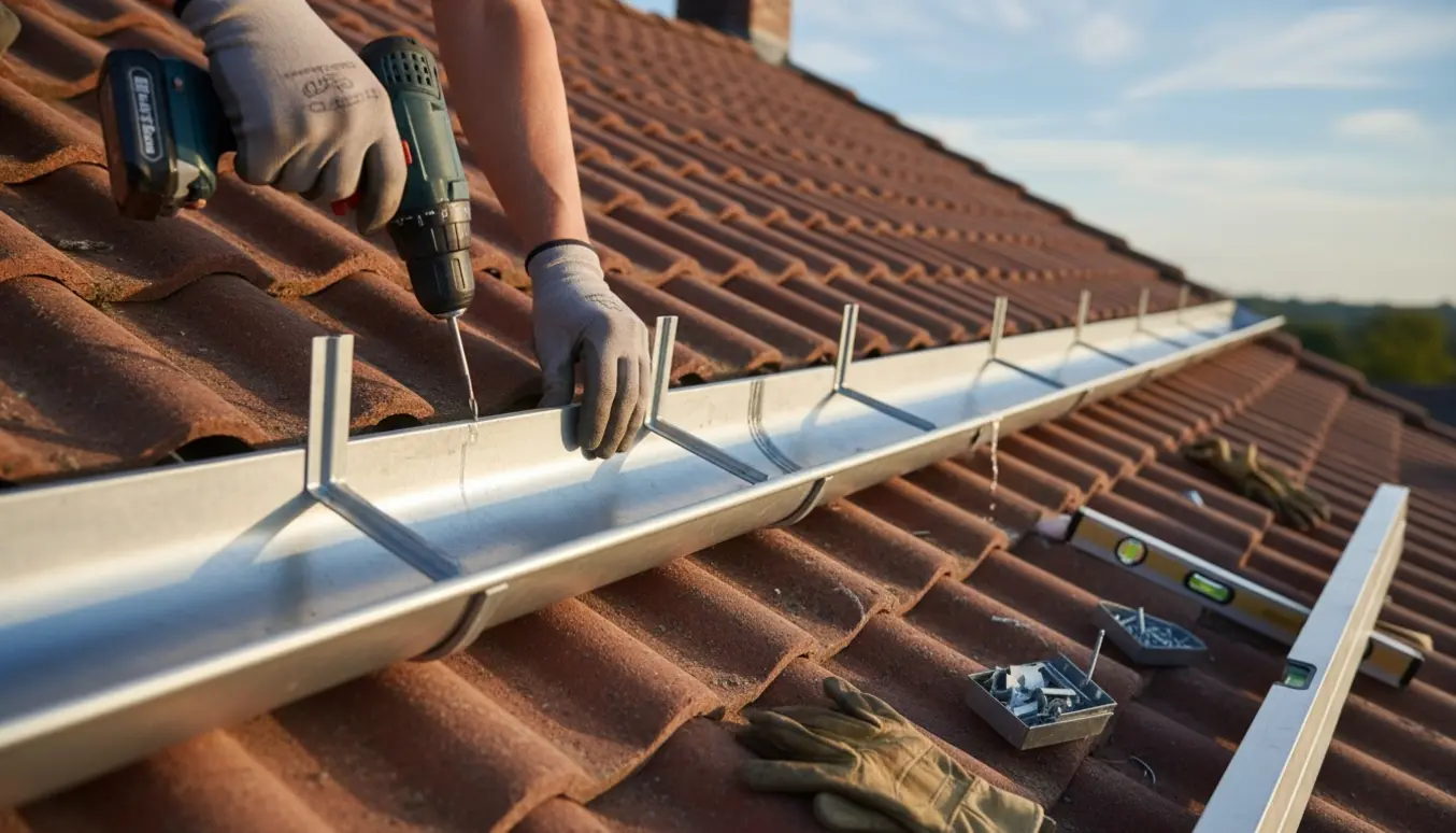 Håndværker justerer afstandsbeslag og tætner tagrender langs et rødt tegltag.