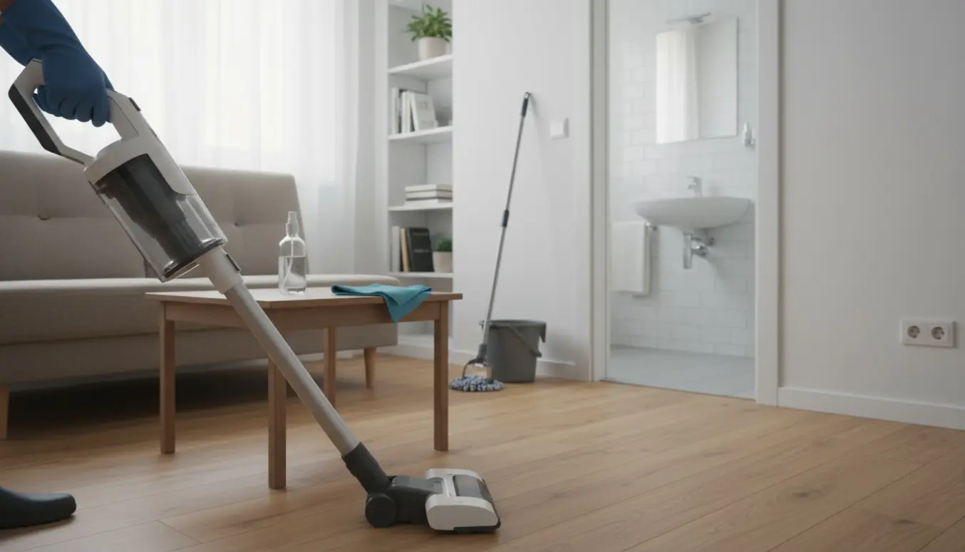 Rengøring af en lille 33 m² studiolejlighed med støvsugning og et skinnende badeværelse.