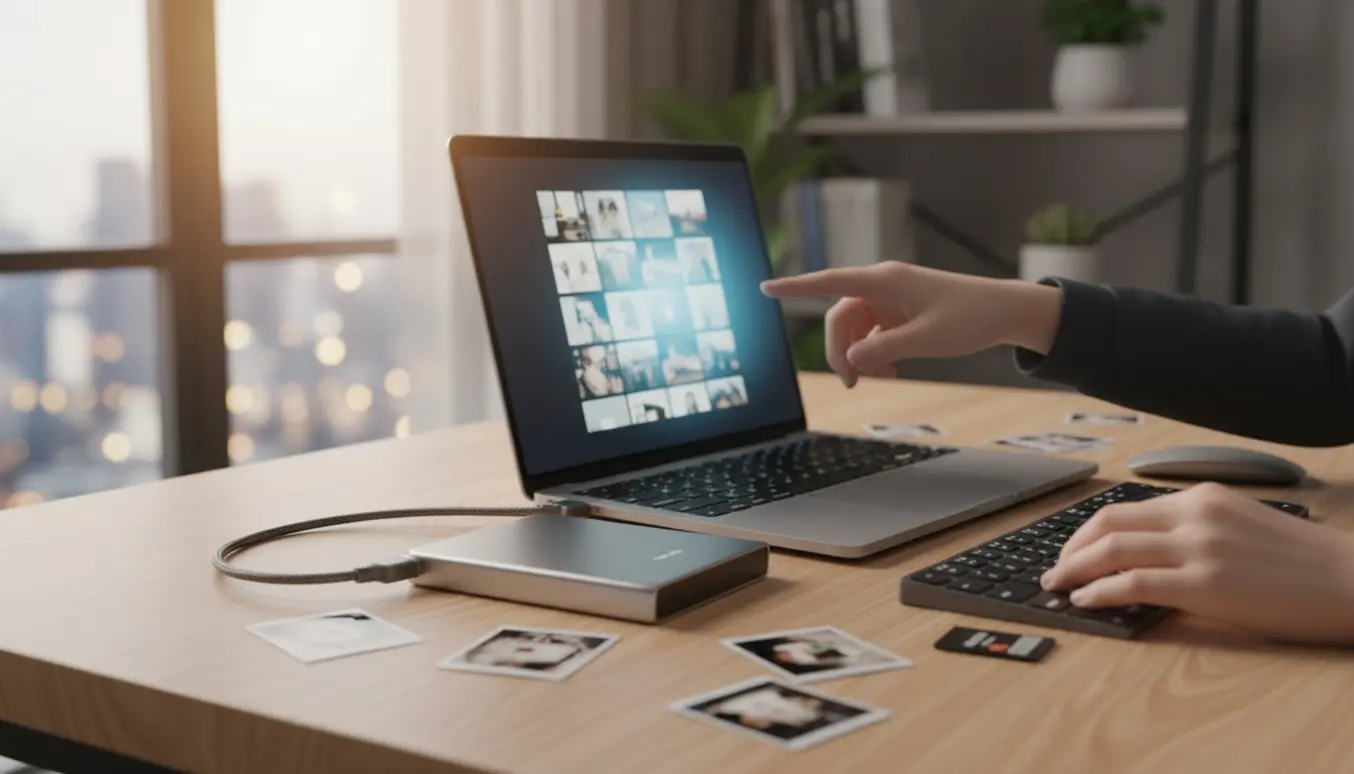 En ekstern USB-harddisk tilsluttet en bærbar med miniaturebilleder på skærmen, mens hænder arbejder med datagendannelse.