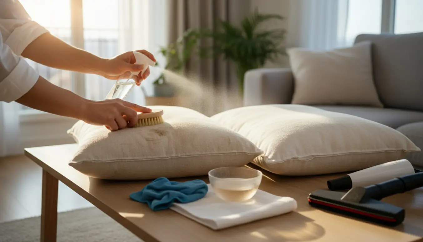Hænder renser sofahynder med børste og mikrofiberklud i en lys, moderne stue.