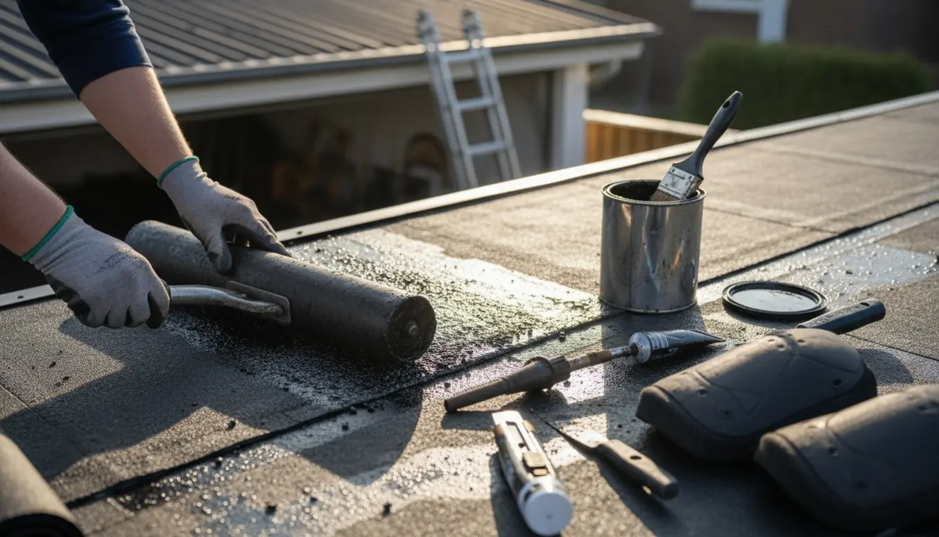 Nærbillede af handske, der ruller en bitumenlappe på et garage-tag under reparation.