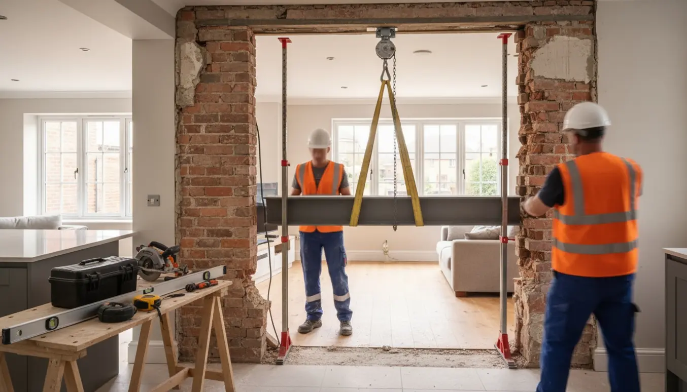 H-profil monteres i åbning mellem køkken og stue med midlertidige støttepiller og værktøj omkring.