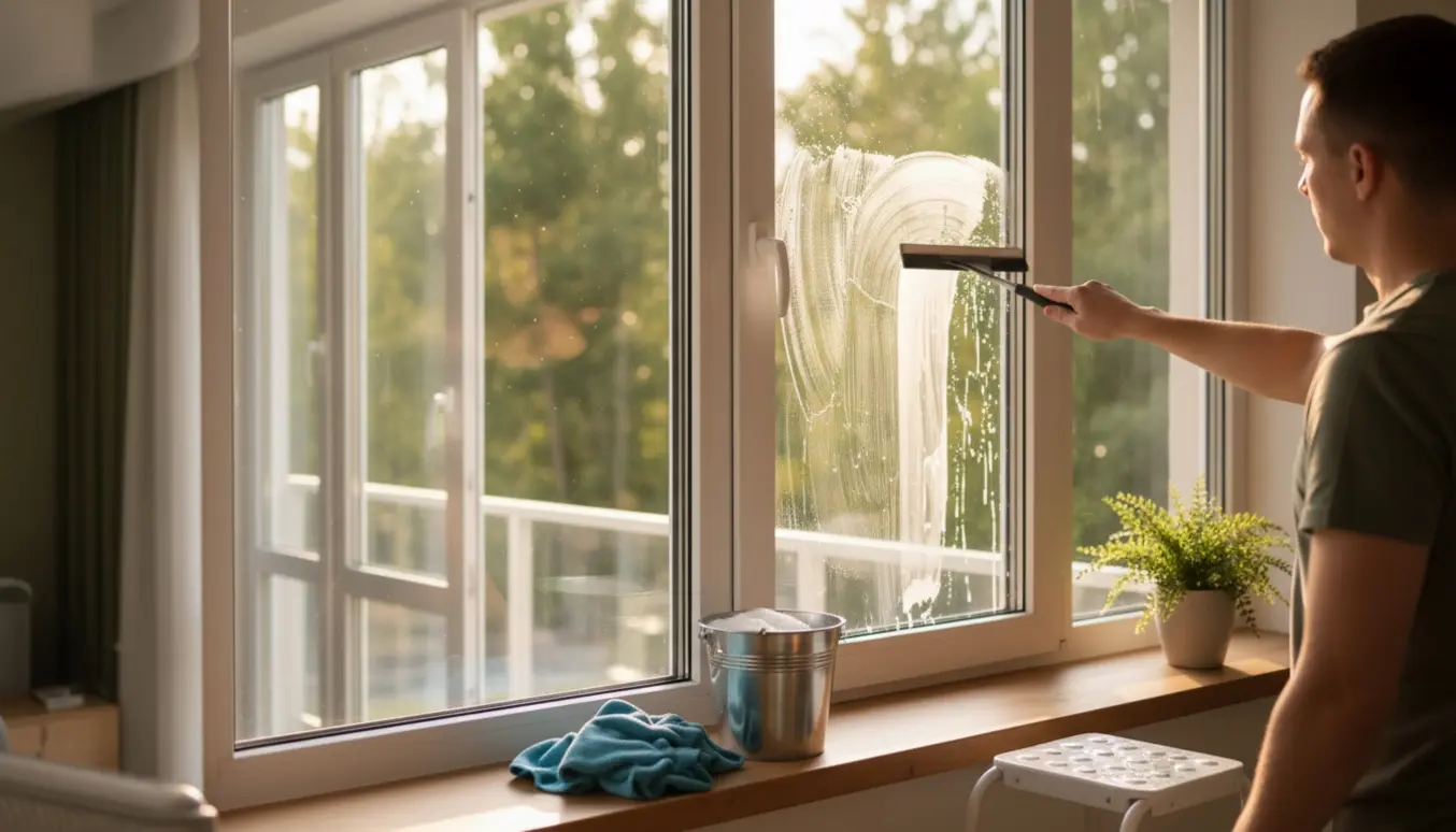 Person pudser en af lejlighedens dobbeltruder i varmt eftermiddagsslys.