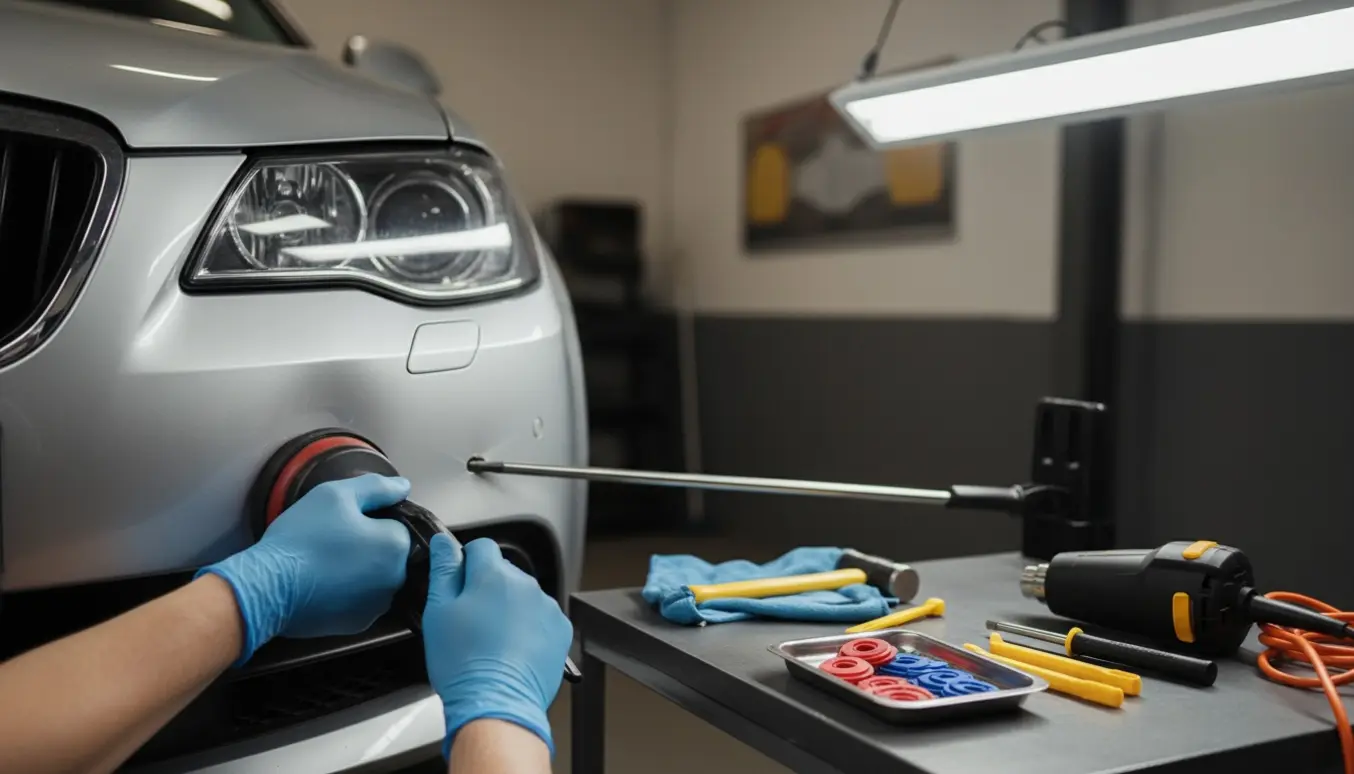 Nærbillede af venstre forreste kofanger, hvor handskerede hænder retter en bule med sugekop og PDR-værktøj.