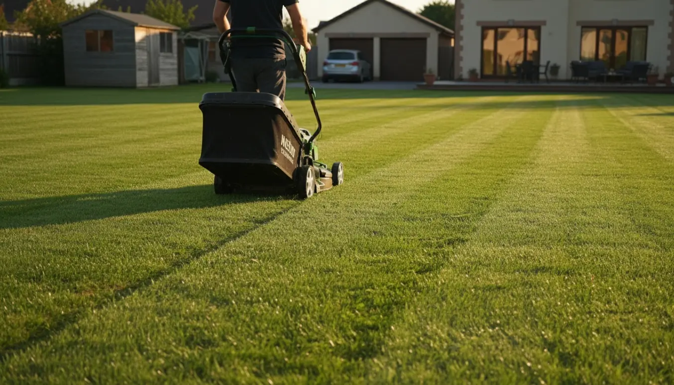En nyslået græsplæne med en plæneklipper foran hus, garage og skur på en solrig dag.