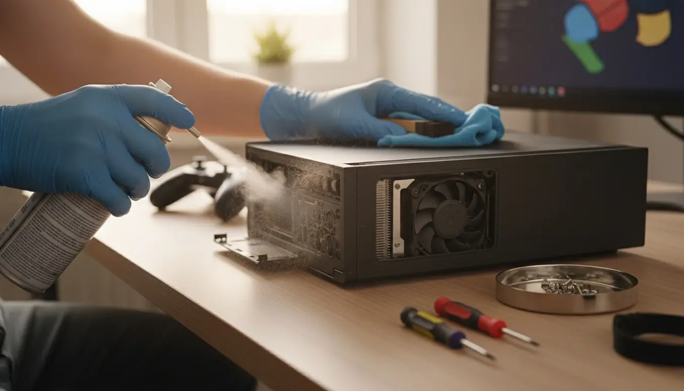 Hænder rengør indvendigt støv fra en sort spilkonsol med trykluft og børste.