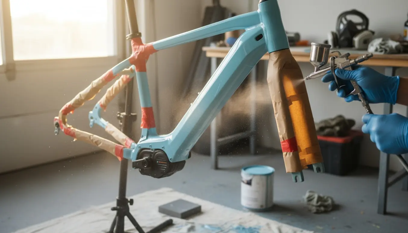 En elcykel på stativ bliver malet lyseblå i et solbeskinnet værksted med afdækning og malerværktøj.