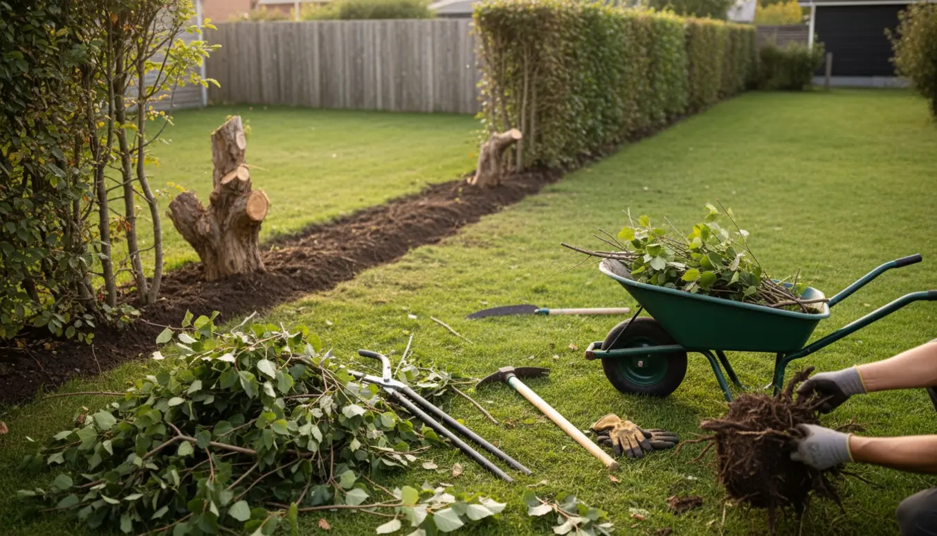 Delvist fjernet spidsløn-hæk med bunker af afsavede grene, værktøj og et klarlagt plantebed klar til ny hæk.