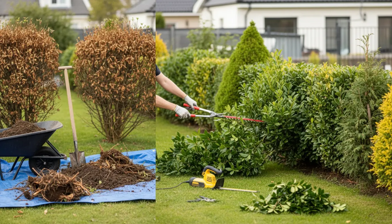 Havescene med opgravede døde buske, beskårede hækkekanter og haveredskaber på græsplænen.