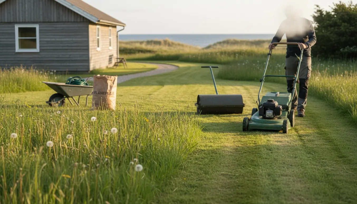 Sommerhusgræsplæne ved kysten, halvt højt græs og halvt nyklippet med plæneklipper og tromle.