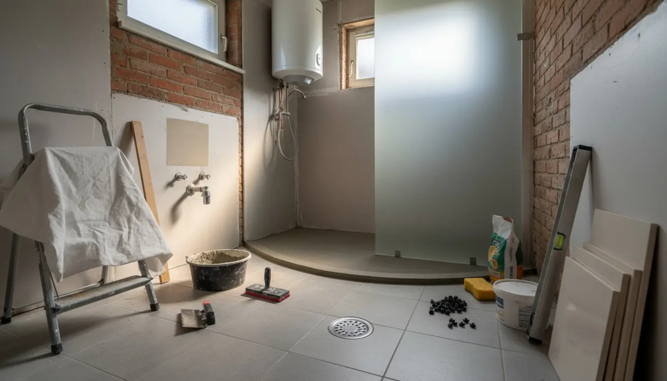 Lille kolonihave-badeværelse under renovering med nyt gulvafløb, fjernet håndvask og monteret varmtvandsbeholder.