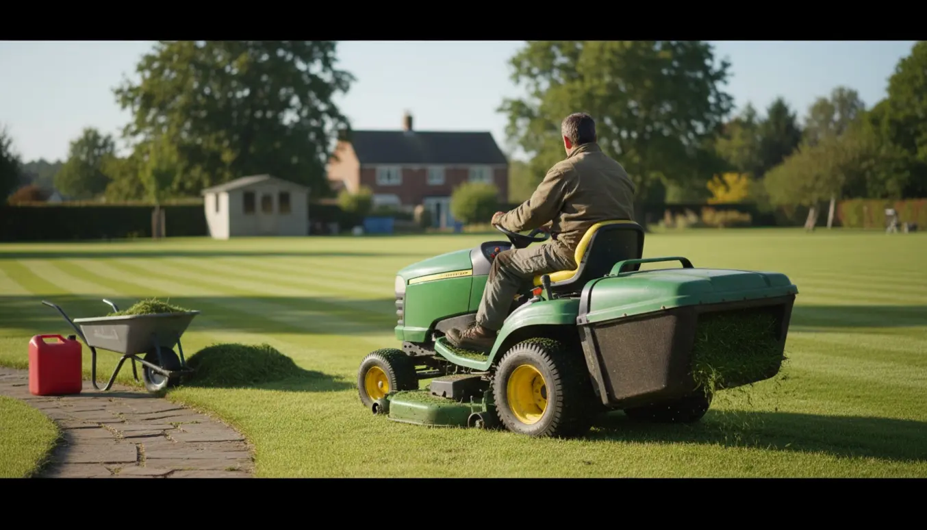 Havetraktor i aktion på en stor, solbeskinnet græsplæne med nyklippede striber.