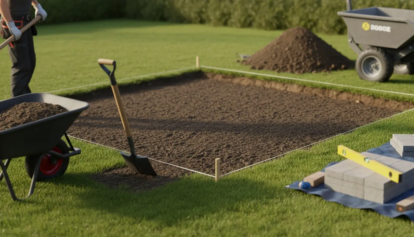 Delvist udgravet rektangulært terrasseareal med skovle, trillebør og læsset trailer klar til bortkørsel af jord.