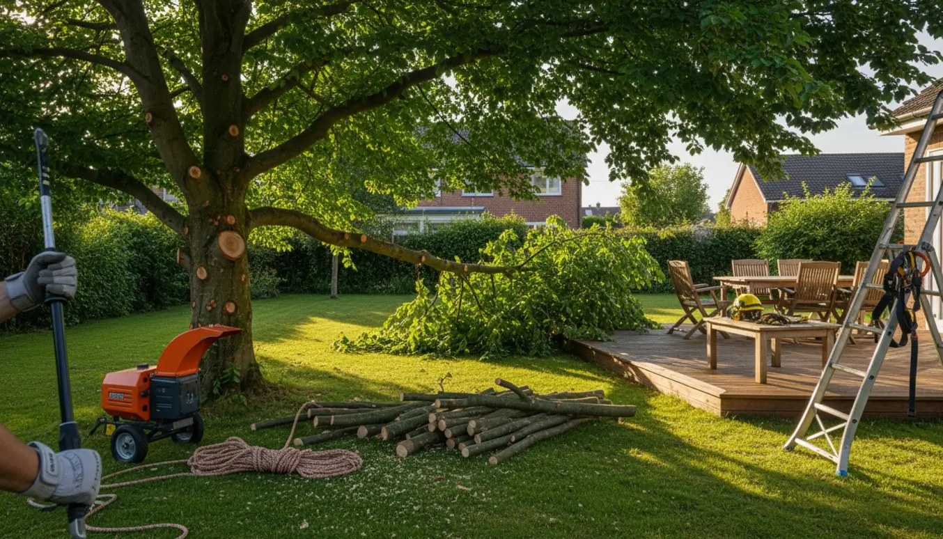 Beskæring af stor bøgegren med skårne grene på græsset og terrasse, hvor sollyset vender tilbage.