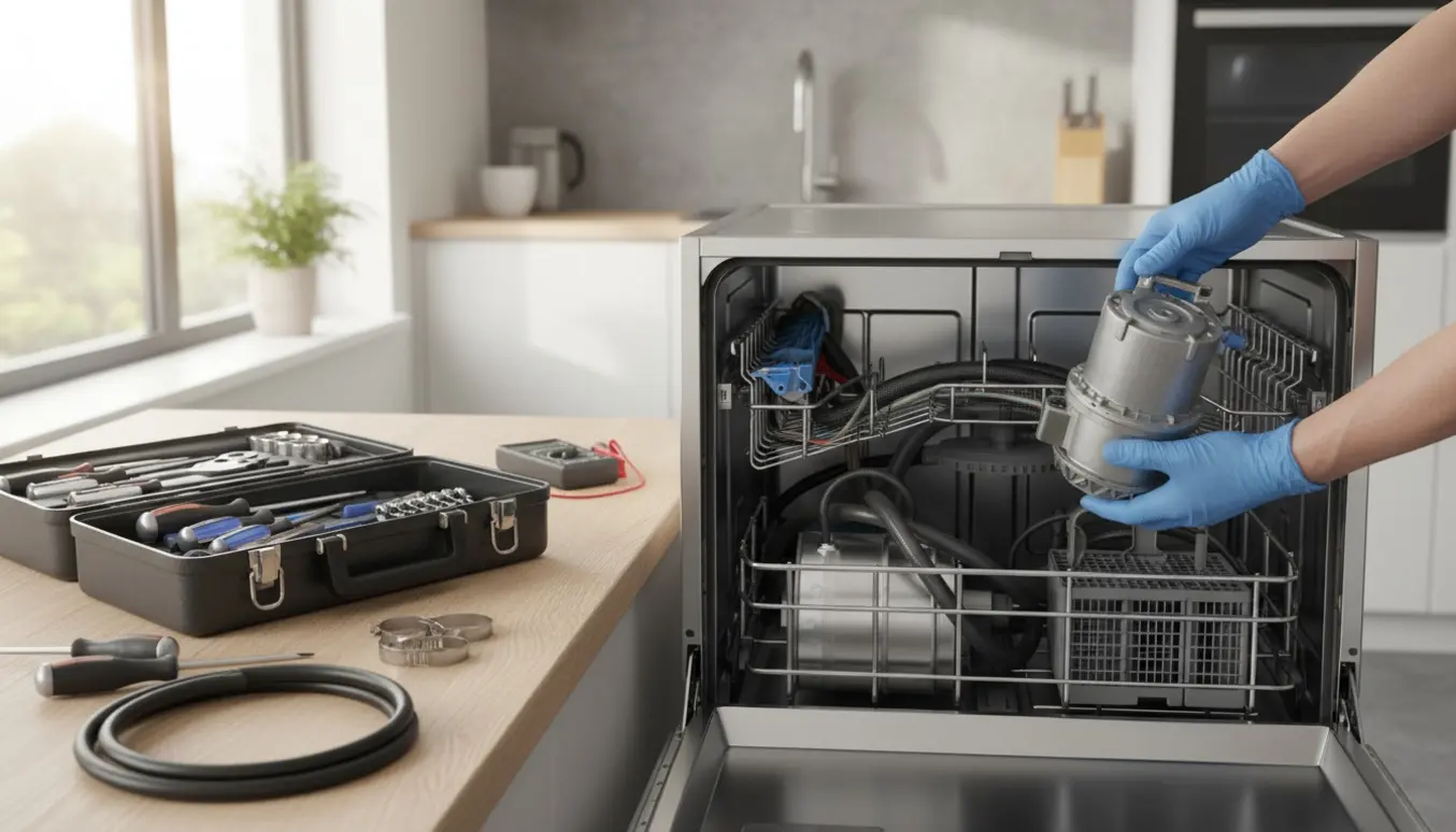 Handskerede hænder udskifter varmepumpen i en indbygget opvaskemaskine i et lyst, moderne køkken.
