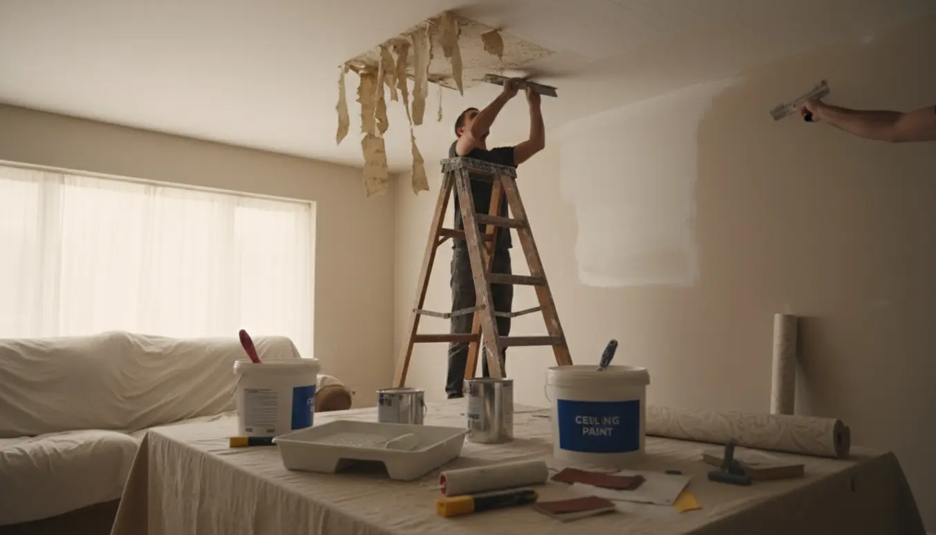 Hænder fjerner løst tapet fra loft i en stue med spartel, malerudstyr og beskyttelsesdug klar.