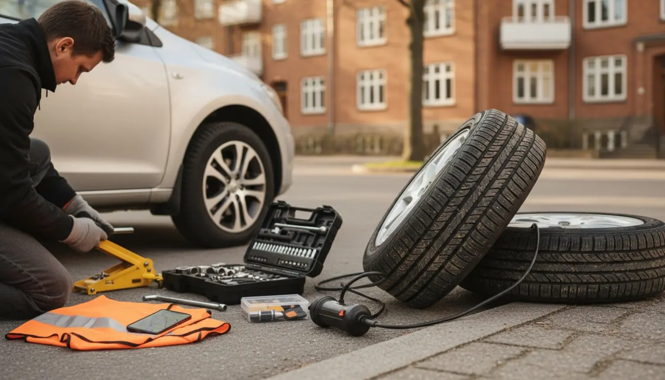 En person skifter et punkteret bildæk på en stille, træbevokset gade i Frederiksberg.