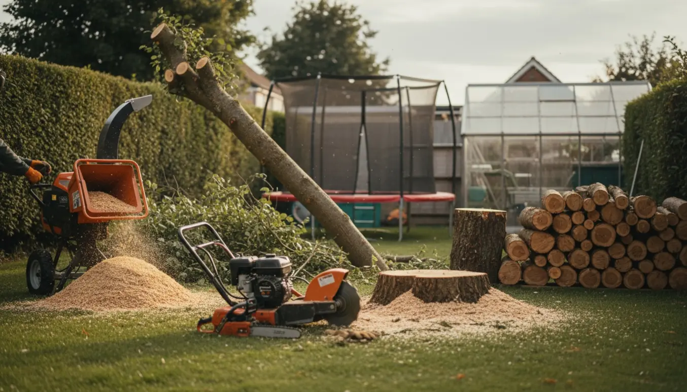 Fældning og stubfræsning med stamme skåret i 50–100 cm stykker og en bunke flis ved hæk, trampolin og drivhus.