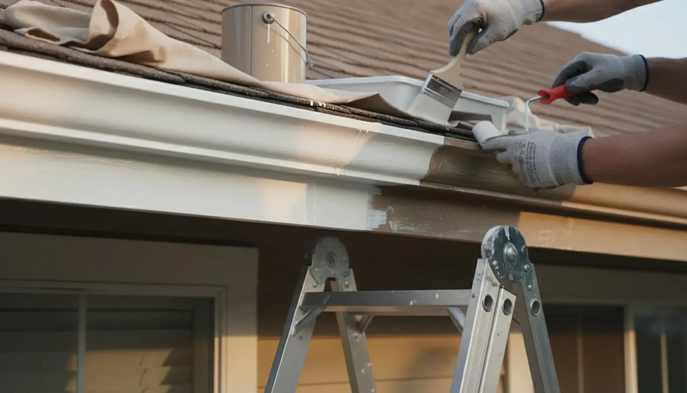 En stige og handsker viser maling af hvide lister under husets udhæng, med en synlig nymalet sektion ved siden af en vejrslidt flade.