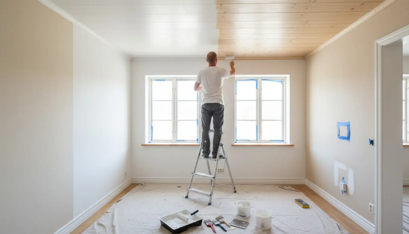 Stue under indvendig maling med maler på stige, frisat hvid maling på vægge, lofter, paneler og karnapvinduer.