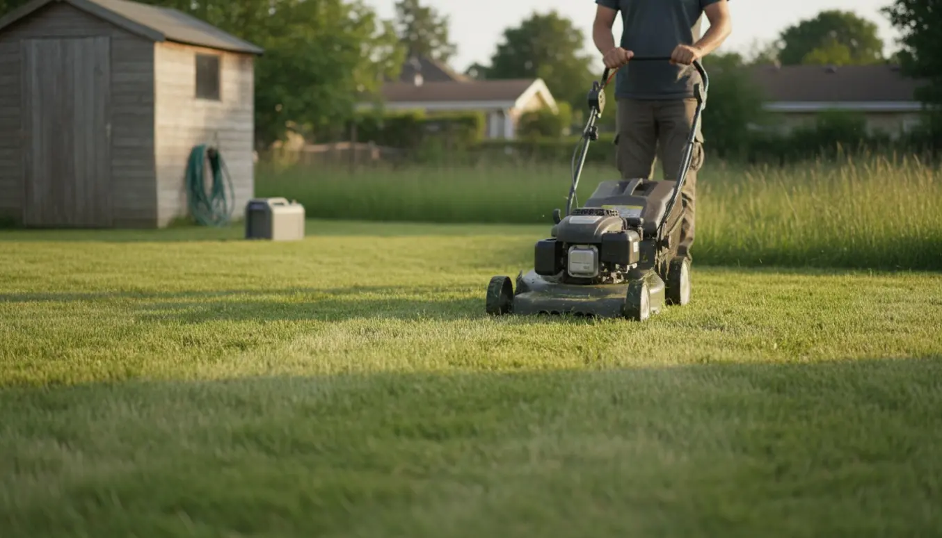 Person slår græs med egen plæneklipper, med halvt nyslået og halvt langt græs.