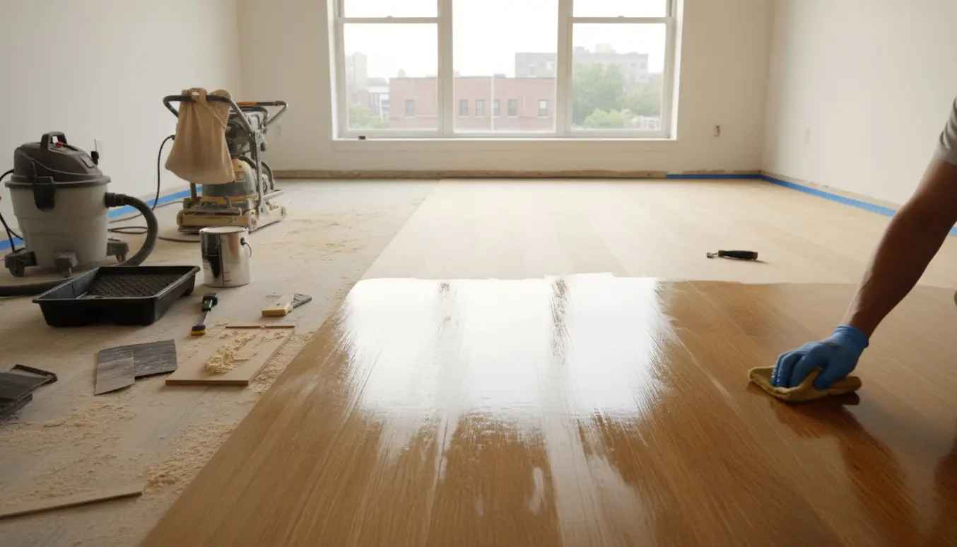 Uindrettet lejlighed med nyslebet trægulv, påføring af olie og to reparationsområder ved siden af værktøj.