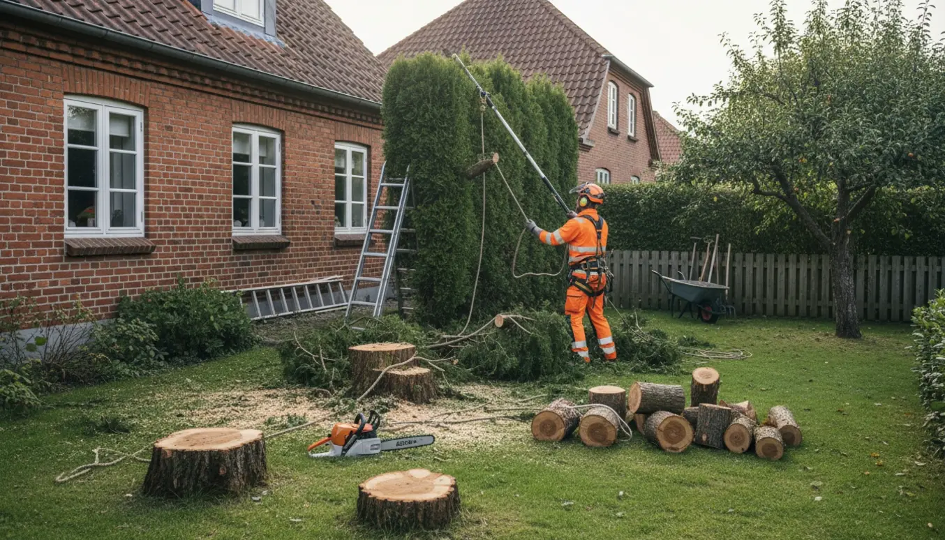 Arborist fjerner thujaer og et frugttræ tæt ved en mur, med afsavede stammer og træflis i haven.
