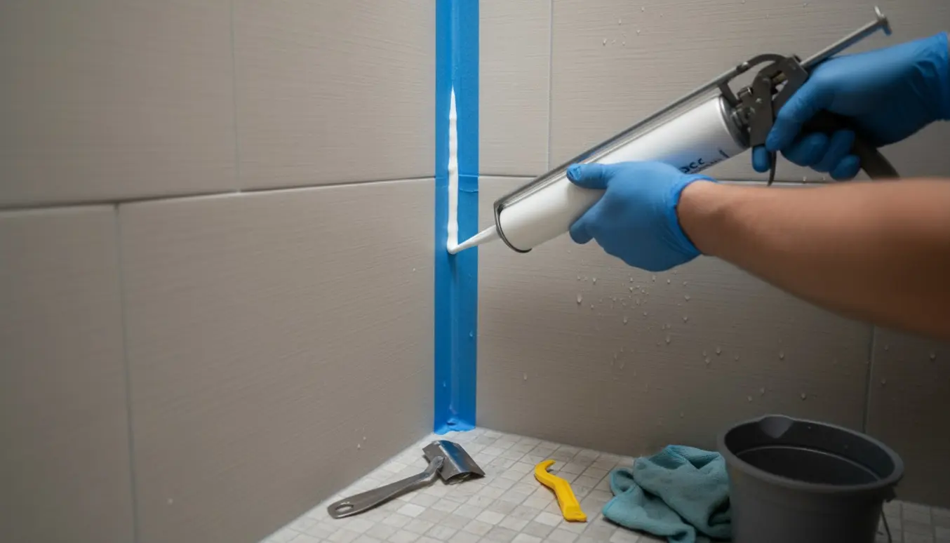 Hænder i handsker påfører ny silikonefuge i en 90x90 cm bruseniche med værktøj ved siden af.