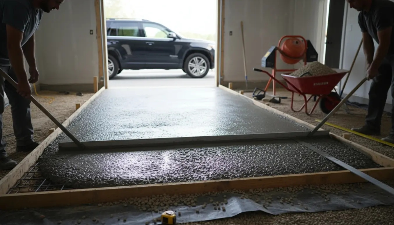 Nybygget garage med nys støbt betongulv under udførsel, synligt rionet og kapillarbrydende lag.