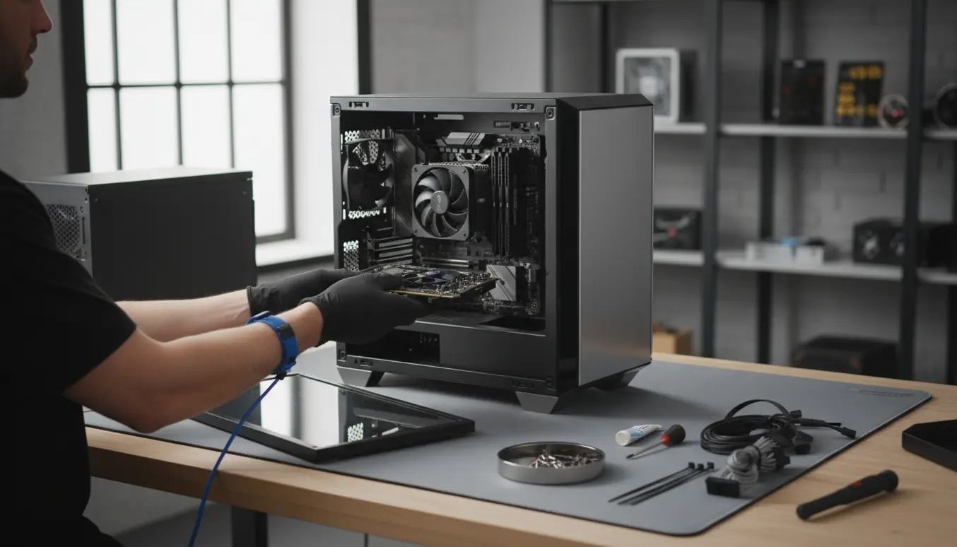 Hænder fører en grafikkort ind i et åbent nyt computerkabinet på et ryddeligt værkstedsbord.