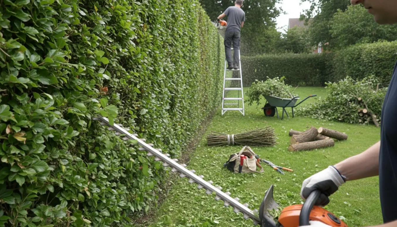 En lang bøgehæk klippes og beskæres med hækkeklipper og motorsav, mens opsamlet grønt affald og værktøj står ved siden af.