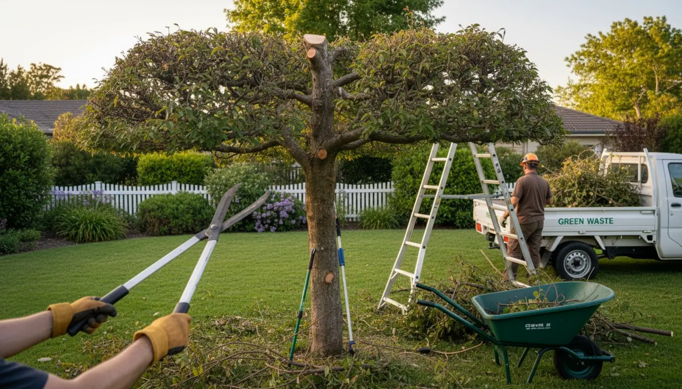 Beskæring af et træ i en parcelhushave med klippede grene samlet i en trillebør.